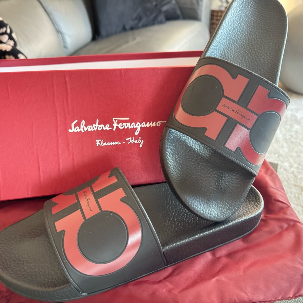 Salvatore Ferragamo Black and Red Slides